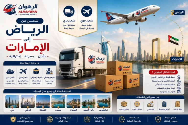 شركة شحن من الرياض إلى الإمارات تقدم خدمات الشحن البري والجوي لنقل العفش والبضائع والطرود والشحنات التجارية مع حلول لوجستية احترافية وتخليص جمركي ومتابعة مستمرة حتى التسليم