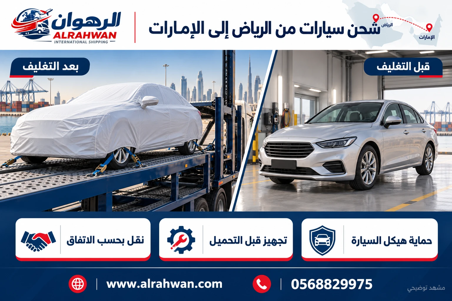 مقارنة توضيحية لسيارة قبل التجهيز وبعد تغطية هيكلها بغطاء واقٍ وتحميلها على ناقلة.