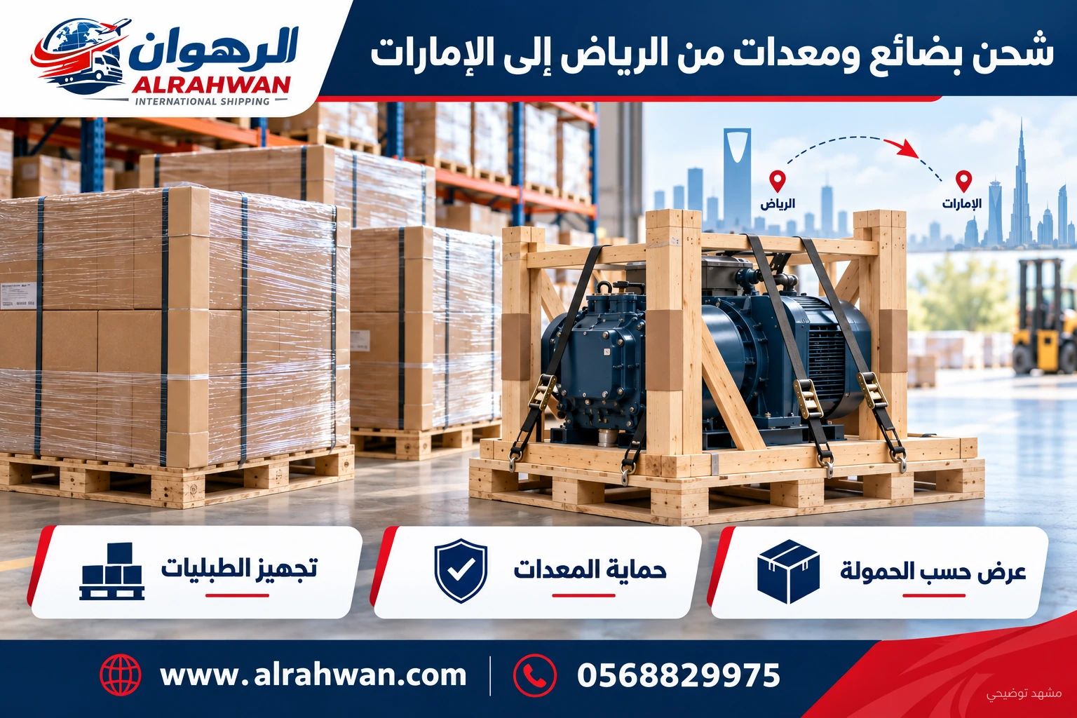 طبليات بضائع مغلفة ومعدة محمية داخل هيكل خشبي، مع هوية الرهوان وبطاقات تجهيز الحمولة.