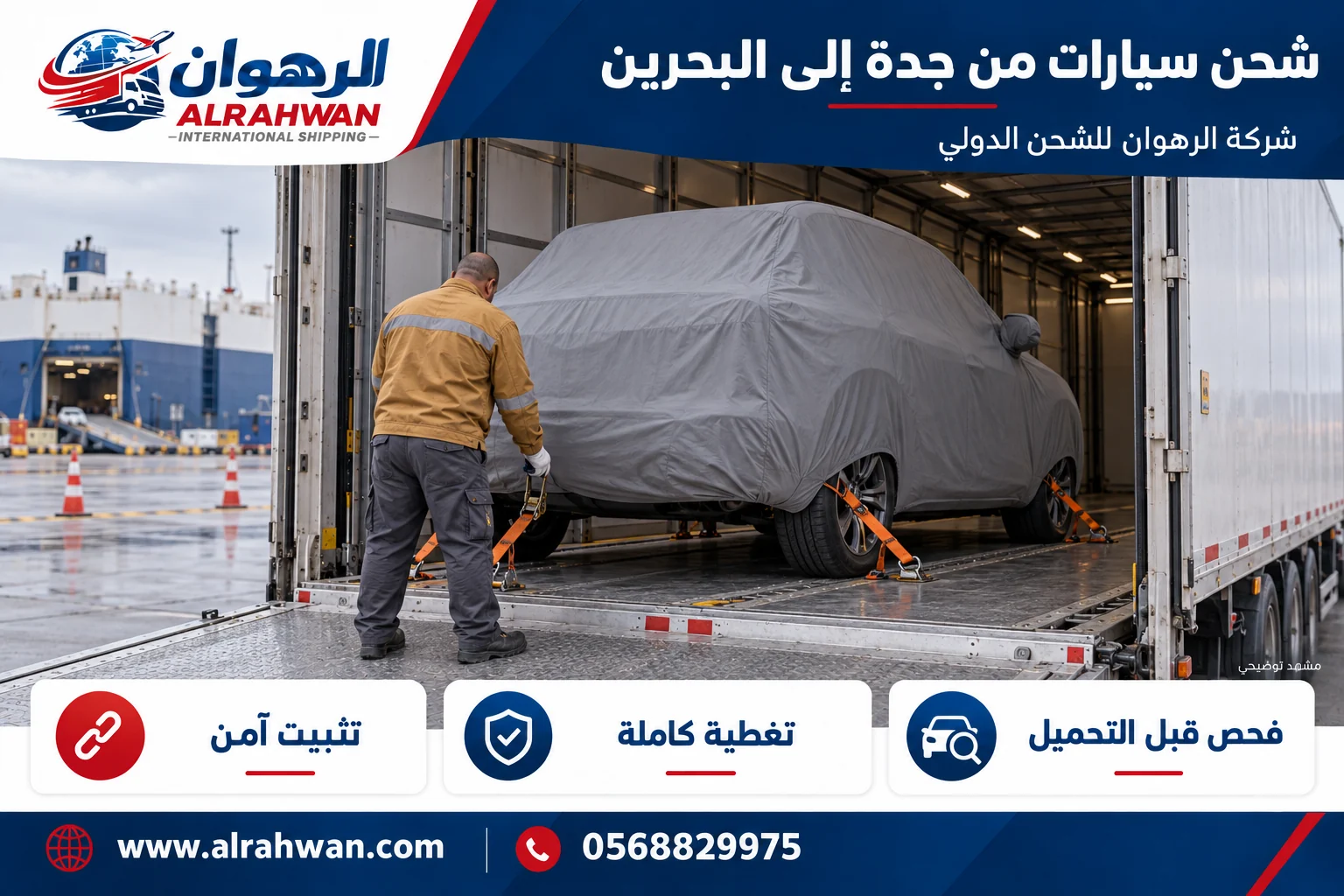 عامل بسترة بلون أصفر داكن يراجع ربط سيارة مغطاة داخل ناقلة