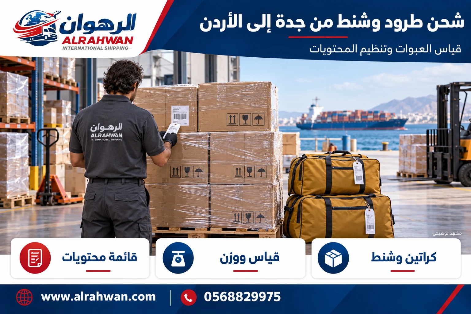 تجهيز وقياس طرود وشنط وكراتين من جدة إلى الأردن بتصميم الرهوان