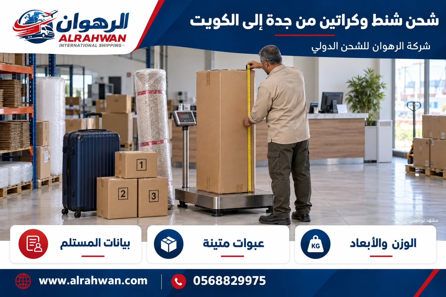 عامل بقميص رملي يقيس ارتفاع كرتون على ميزان بجوار حقيبة وعبوات