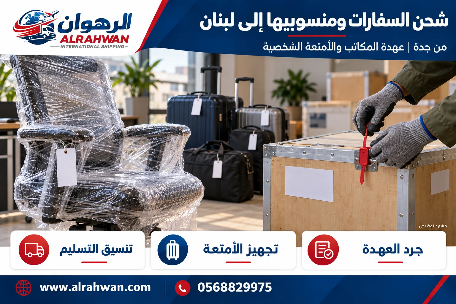 تجهيز أثاث مكاتب وأمتعة لنقل العهدة والمنقولات من جدة إلى لبنان بتصميم الرهوان