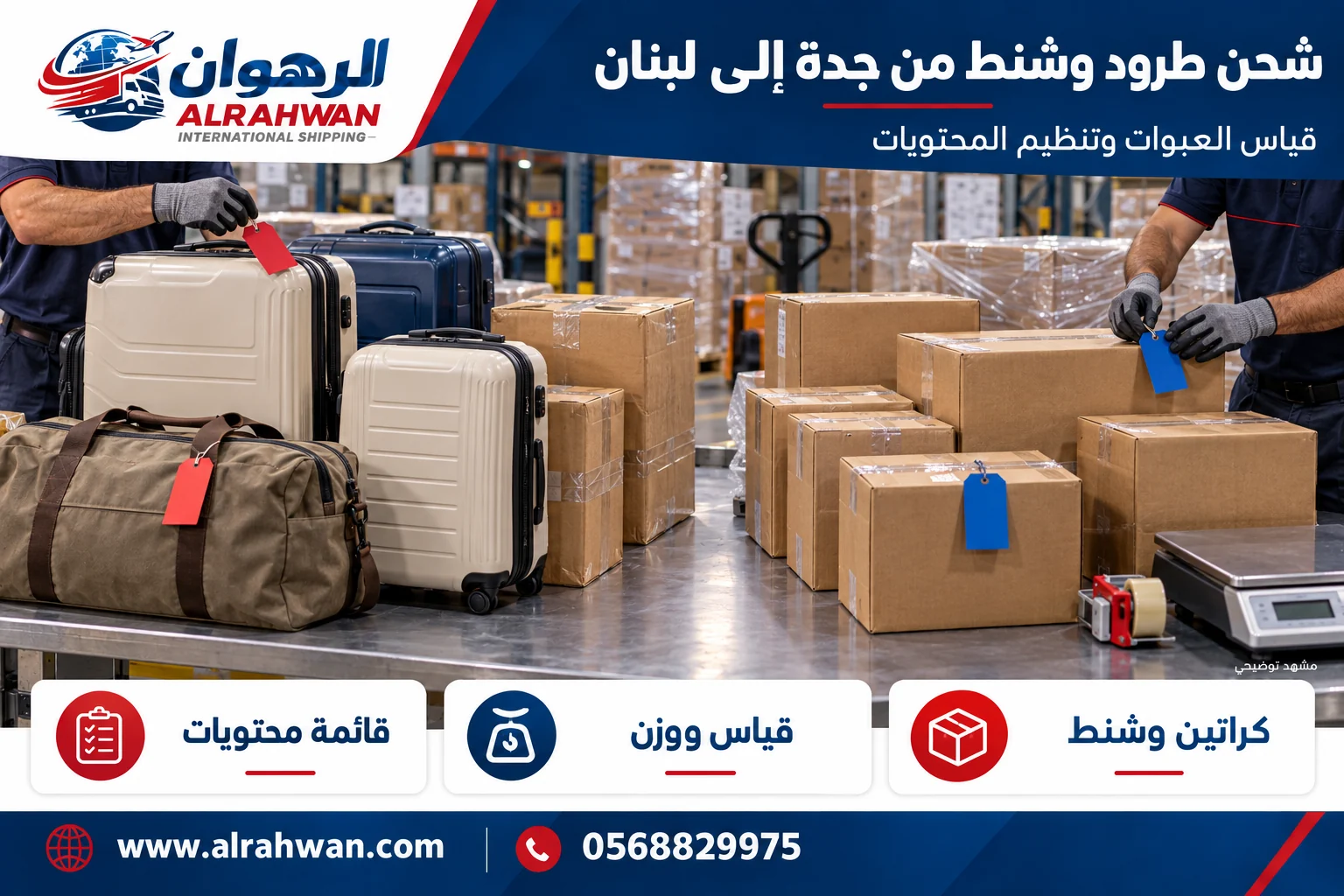 تجهيز وقياس طرود وشنط وكراتين من جدة إلى لبنان بتصميم الرهوان