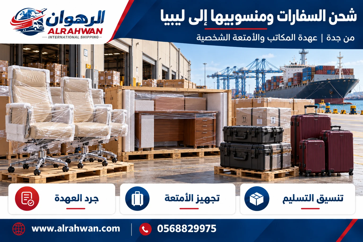 تجهيز عهدة مكاتب وأغراض منسوبي السفارات للشحن من جدة إلى ليبيا