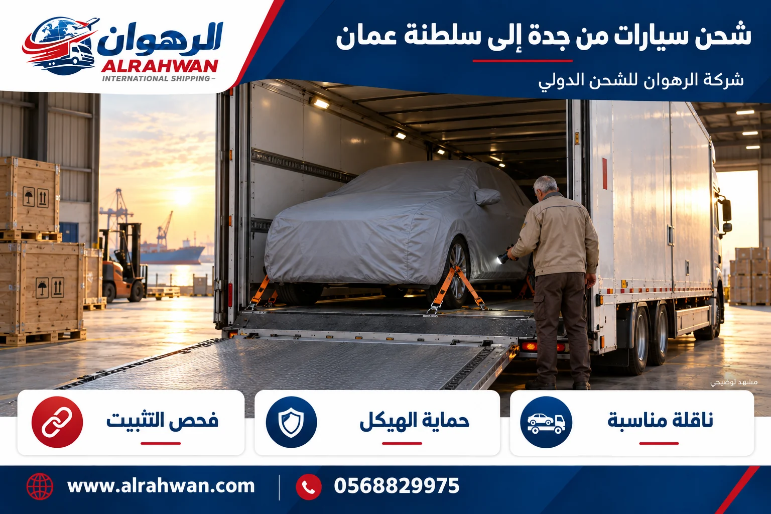 عامل من الخلف يراجع تثبيت عجلة سيارة مغطاة داخل ناقلة باستخدام مصباح