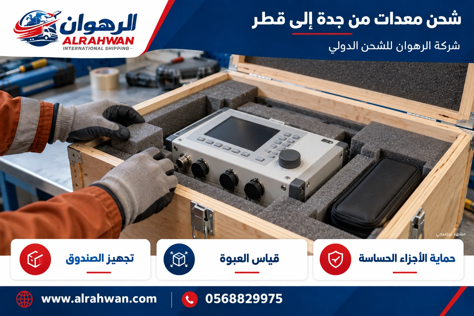 يدان بقفازين تجهزان جهاز تحكم داخل صندوق خشبي مبطن بقطع فوم