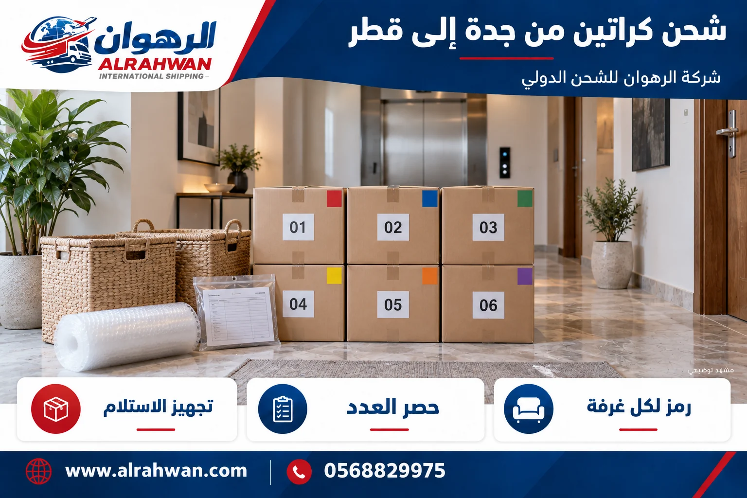 ستة كراتين مرقمة بملصقات ملونة أمام مدخل ومصعد سكني