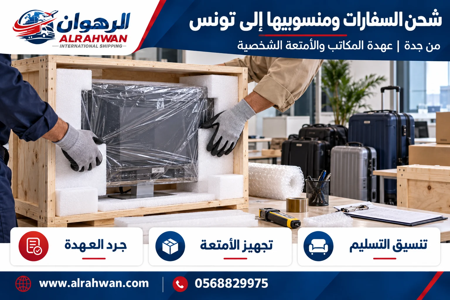 تجهيز عهدة مكاتب وأغراض منسوبي السفارات للشحن من جدة إلى تونس