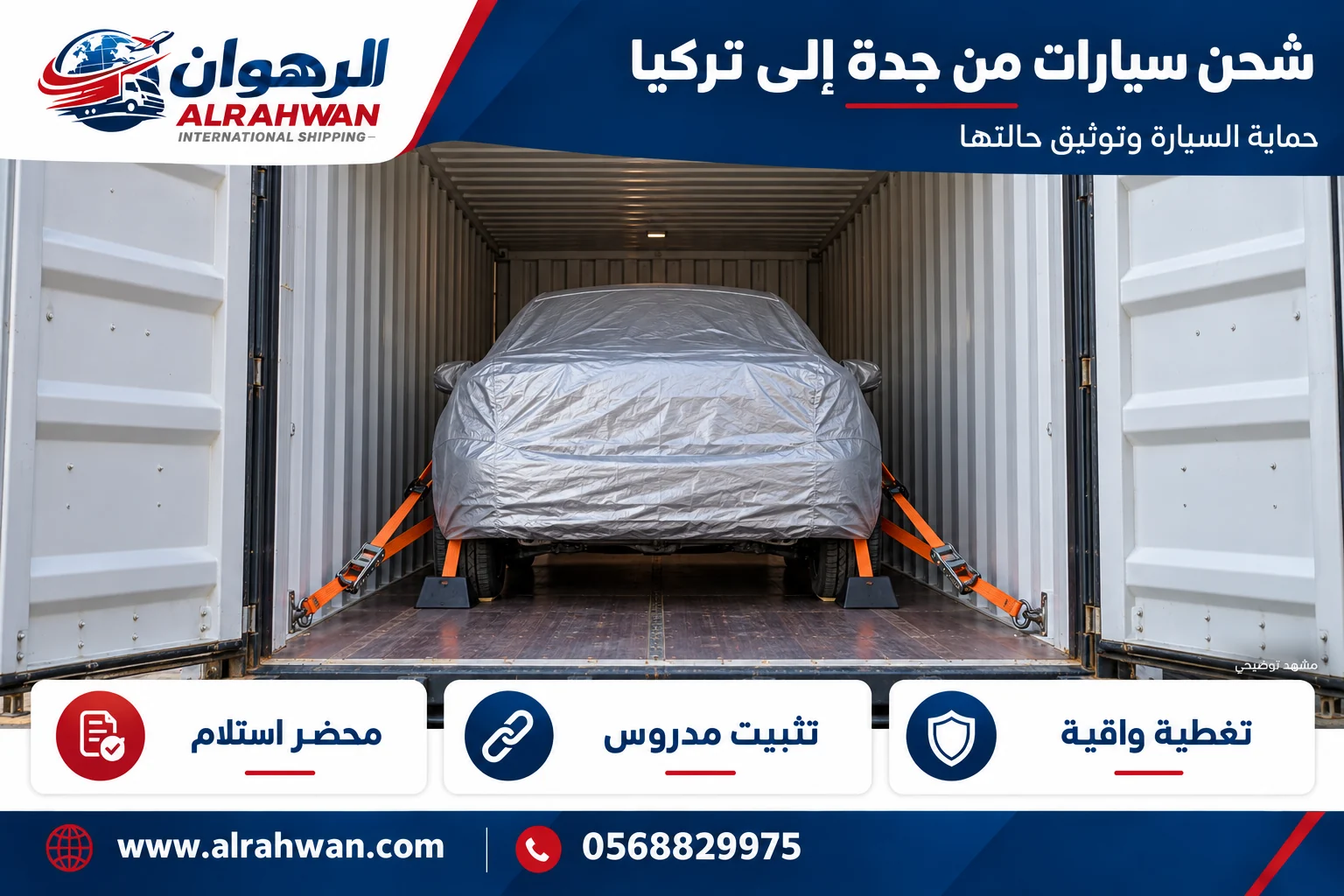سيارة بغطاء واقٍ ومثبتة داخل وسيلة نقل مغلقة من جدة إلى تركيا بتصميم الرهوان