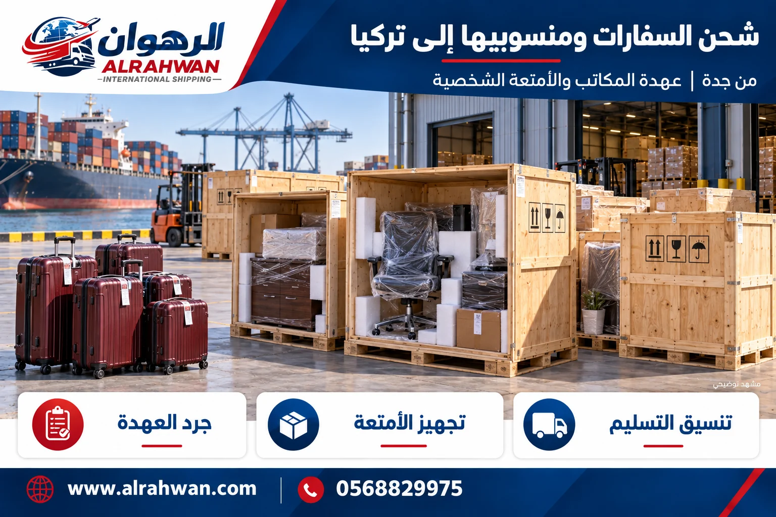 تجهيز أثاث مكاتب وأمتعة لنقل العهدة والمنقولات من جدة إلى تركيا بتصميم الرهوان