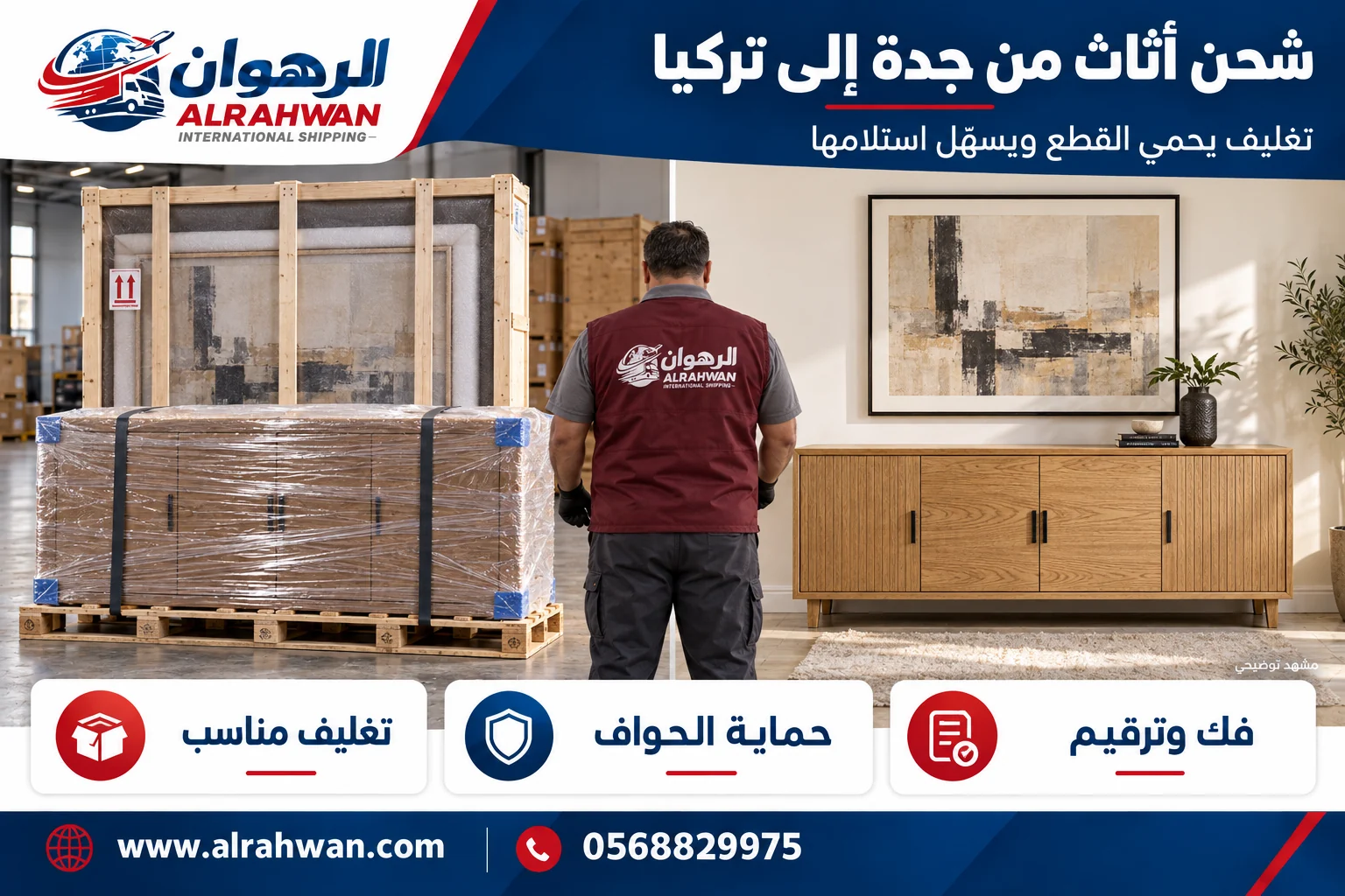مقارنة تجهيز الأثاث قبل التغليف وأثناء حمايته للنقل من جدة إلى تركيا بتصميم الرهوان