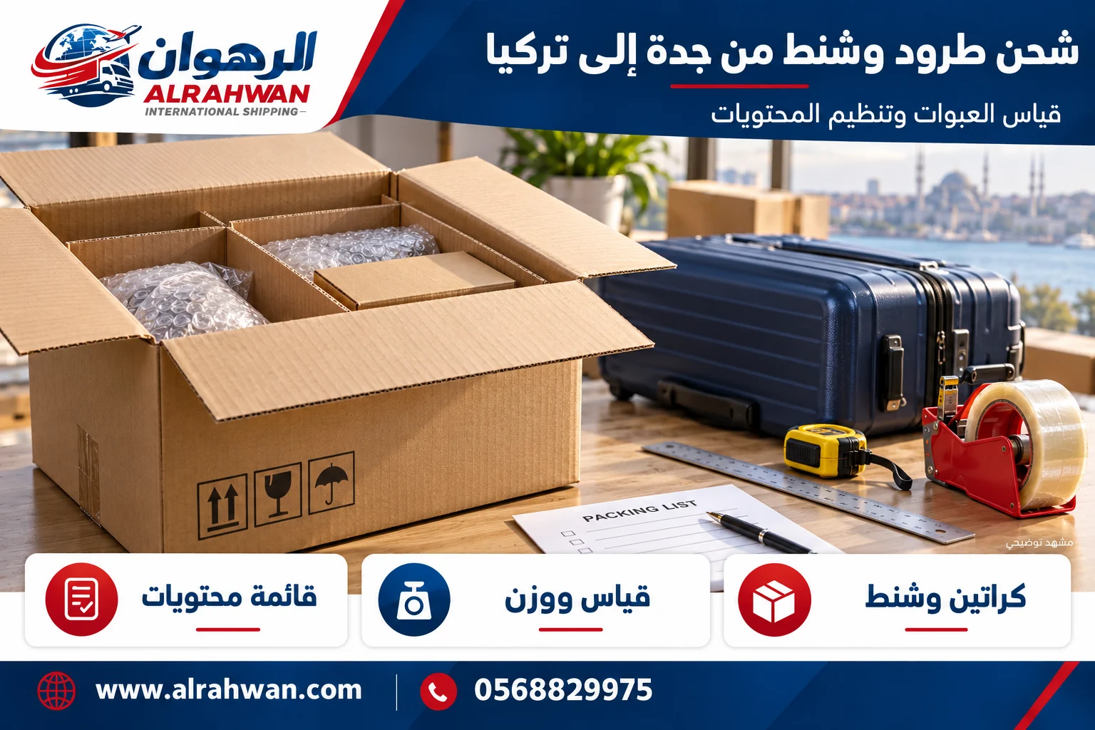 تجهيز وقياس طرود وشنط وكراتين من جدة إلى تركيا بتصميم الرهوان