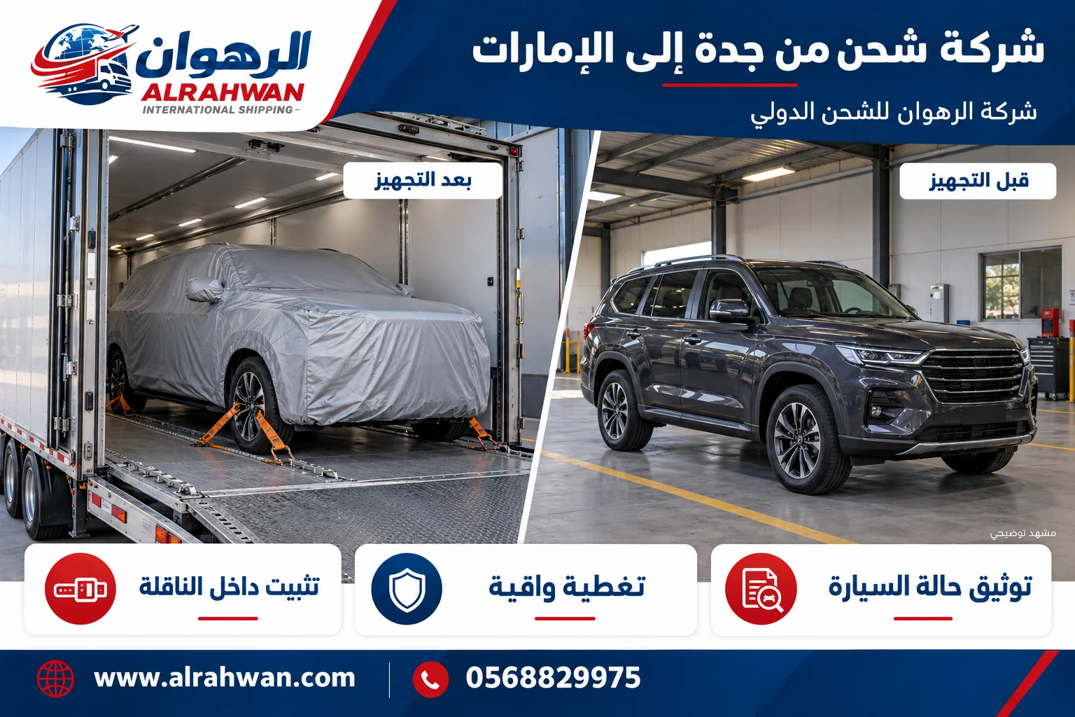 مقارنة سيارة قبل التجهيز على الأرض وبعد تغطيتها وتثبيت عجلاتها داخل ناقلة