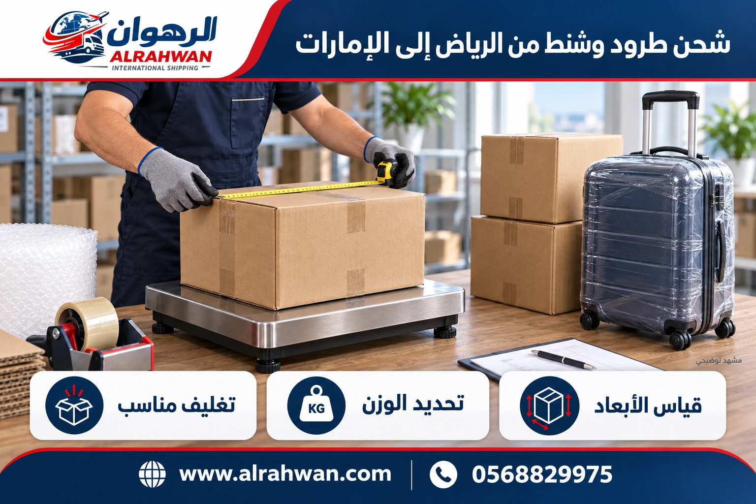 قياس كرتون على ميزان بجانب طرود وشنطة سفر مغلفة، مع بطاقات توضح الأبعاد والوزن والتغليف.
