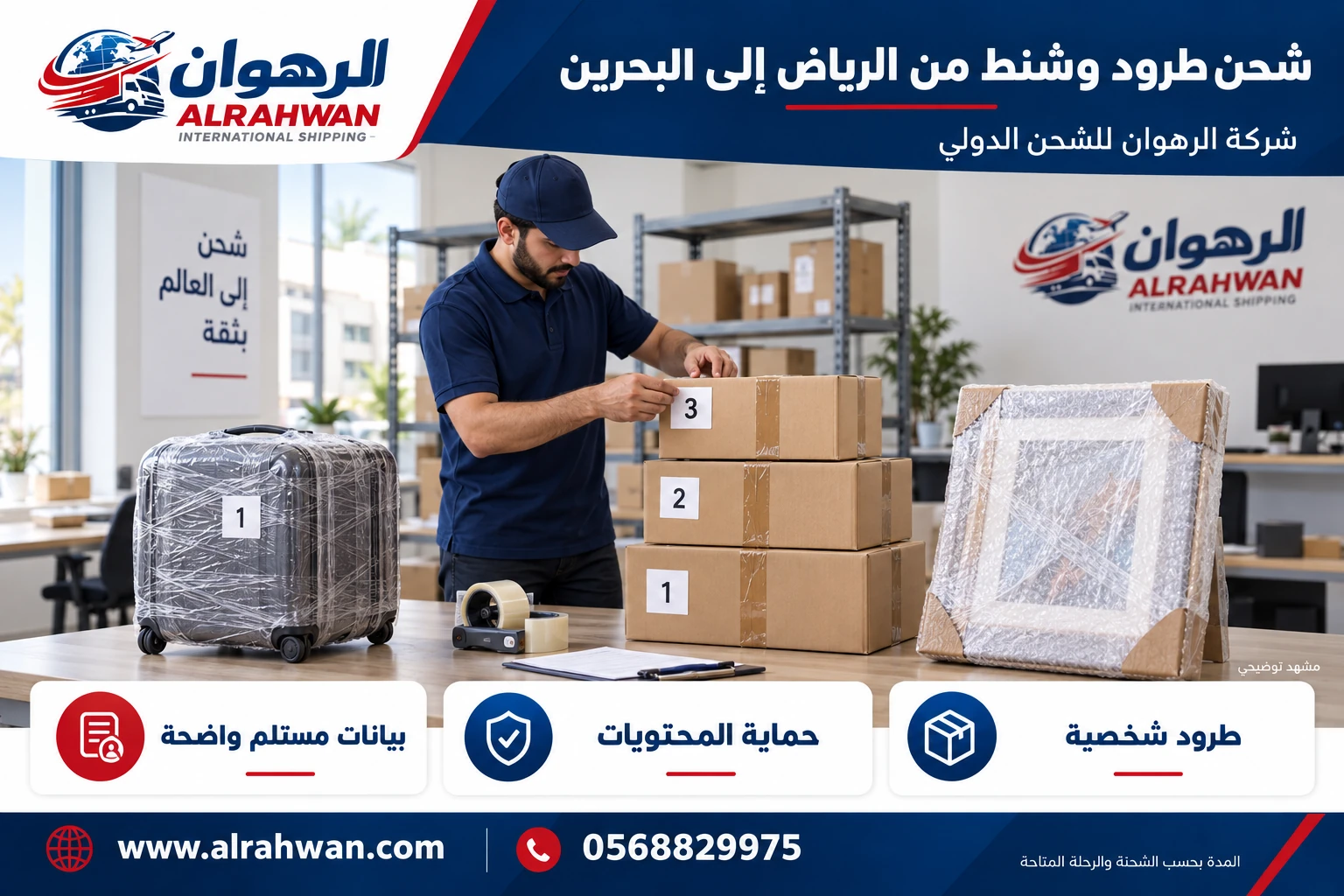 ترقيم كراتين بجوار حقيبة وإطار محمي ضمن تجهيز طرود