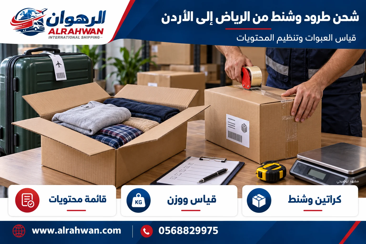 تجهيز وقياس طرود وشنط وكراتين من الرياض إلى الأردن بتصميم الرهوان