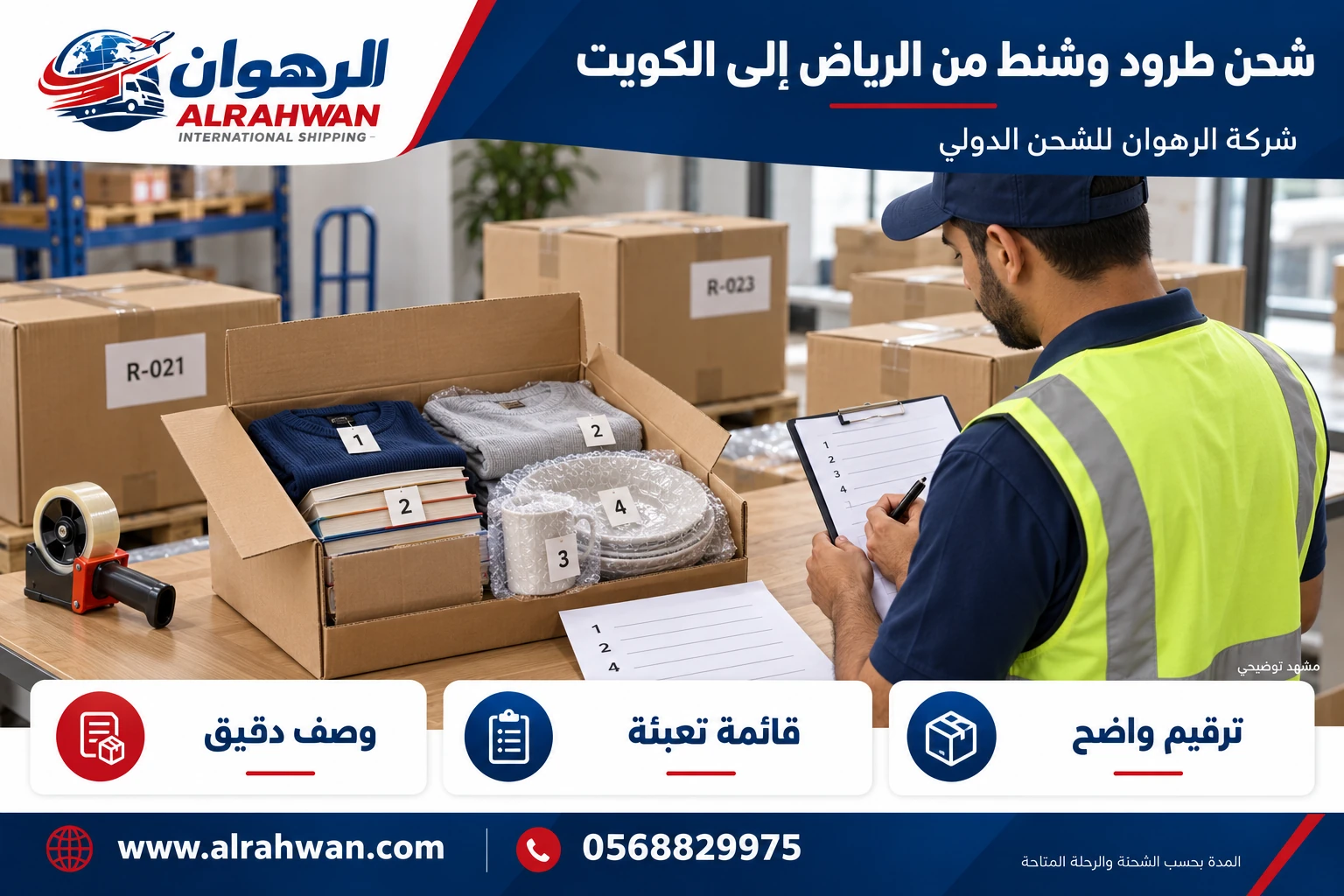 مراجعة محتويات كرتون مفتوح مع قائمة جرد وعبوات مرقمة