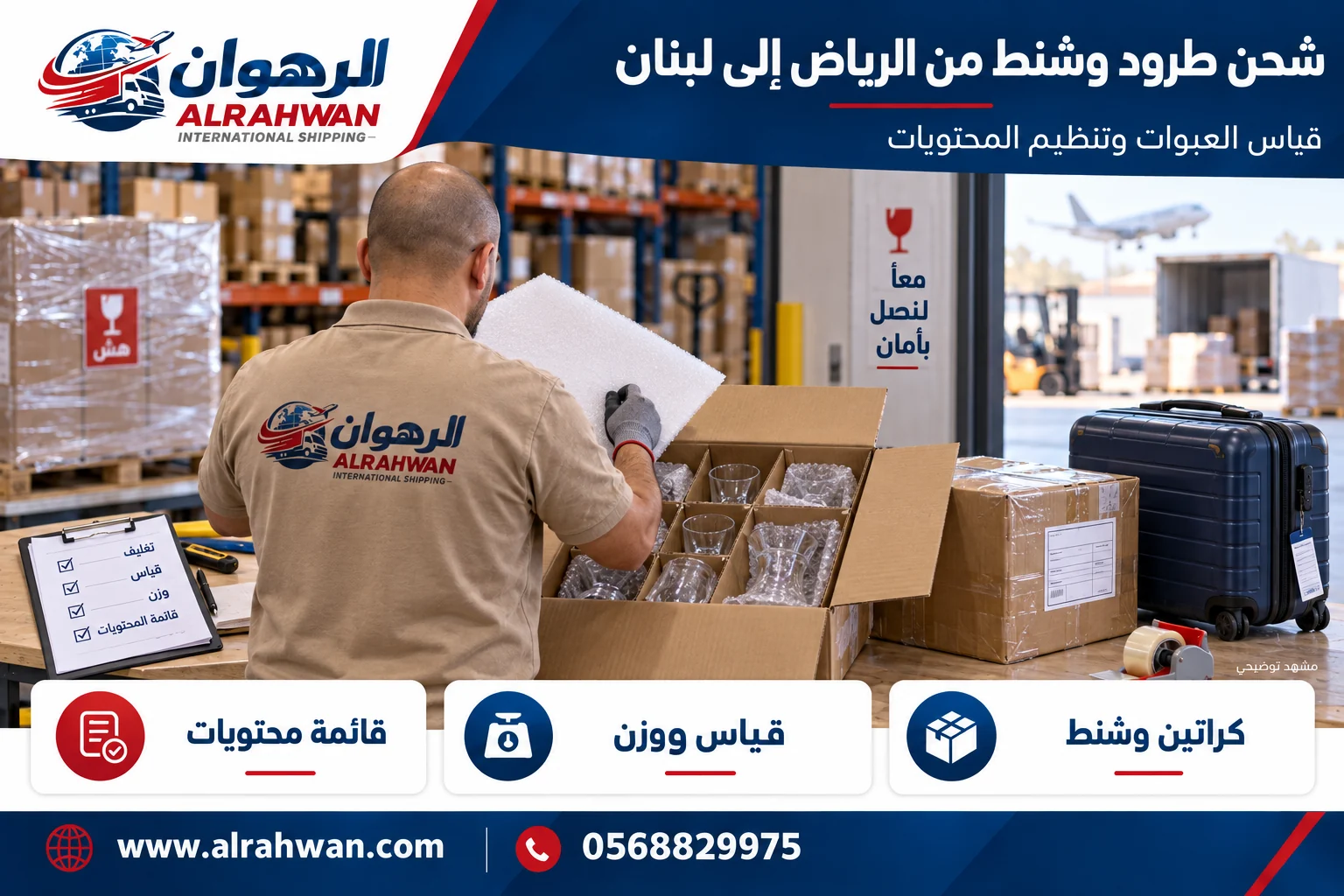 تجهيز وقياس طرود وشنط وكراتين من الرياض إلى لبنان بتصميم الرهوان