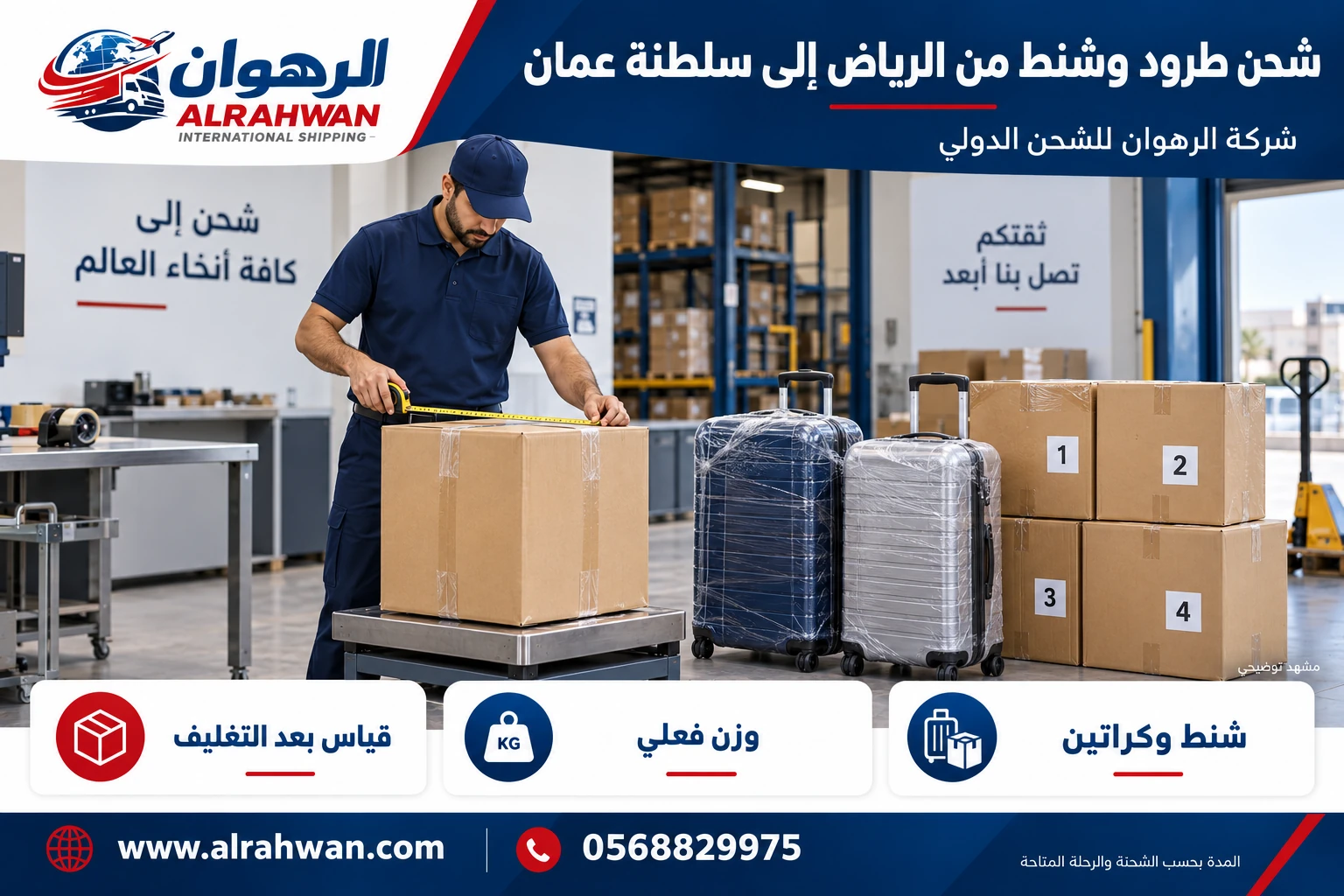 قياس كرتون على ميزان بجوار شنط مغلفة وكراتين مرقمة
