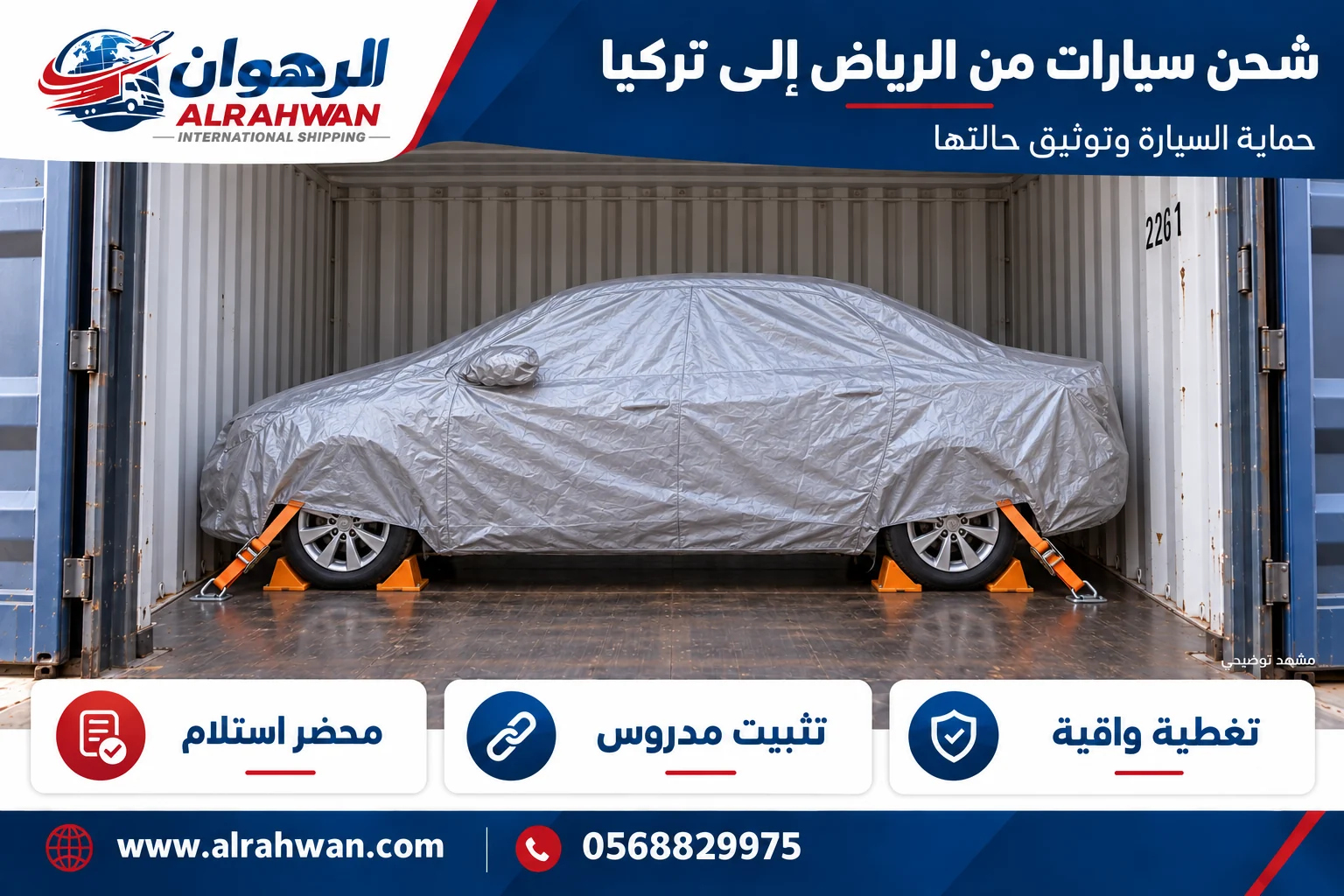 سيارة بغطاء واقٍ ومثبتة داخل وسيلة نقل مغلقة من الرياض إلى تركيا بتصميم الرهوان
