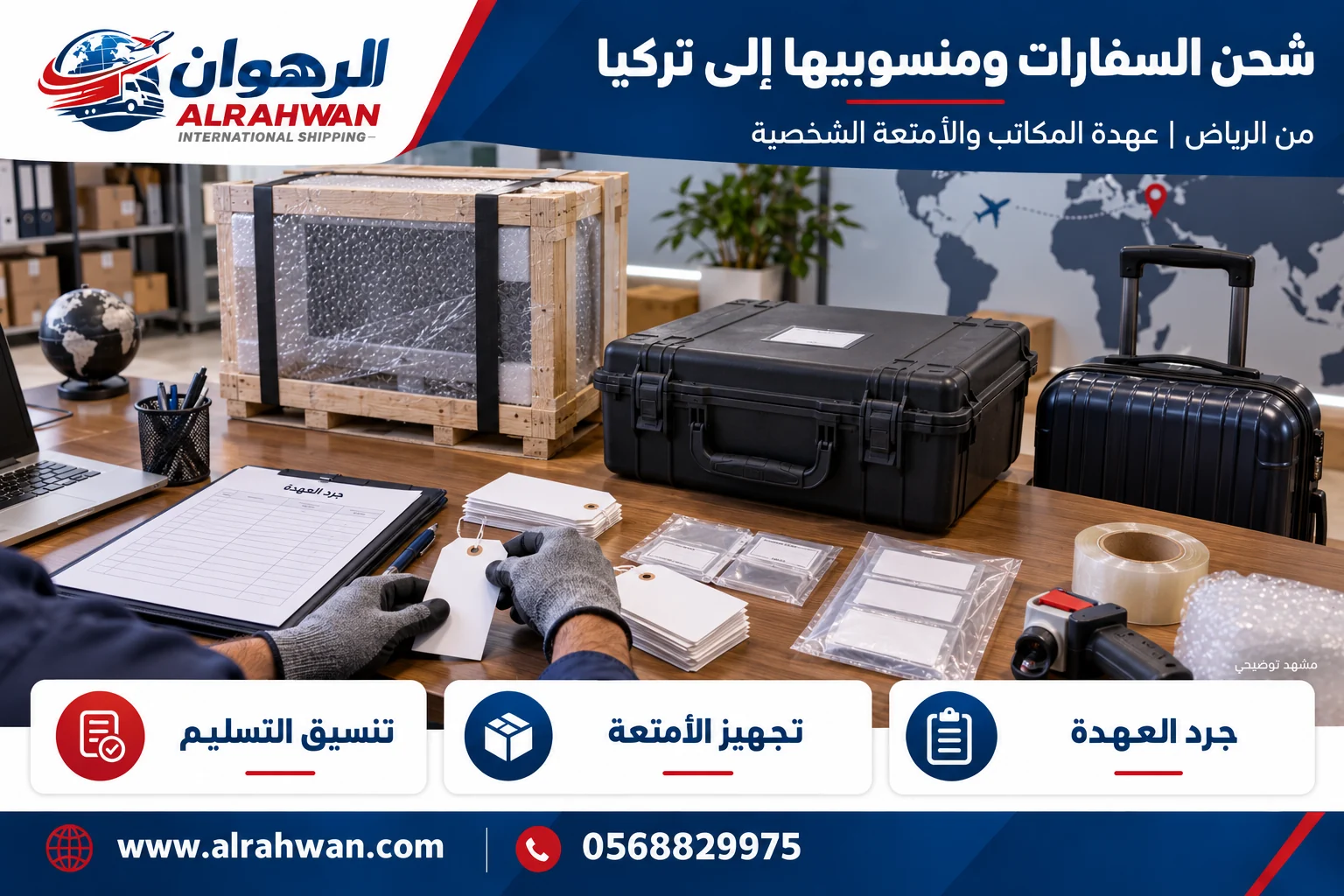 تجهيز أثاث مكاتب وأمتعة لنقل العهدة والمنقولات من الرياض إلى تركيا بتصميم الرهوان