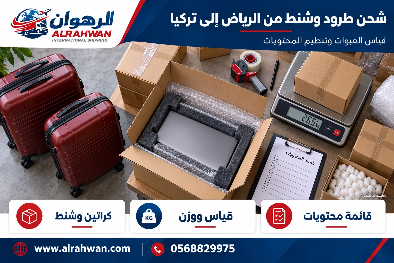 تجهيز وقياس طرود وشنط وكراتين من الرياض إلى تركيا بتصميم الرهوان