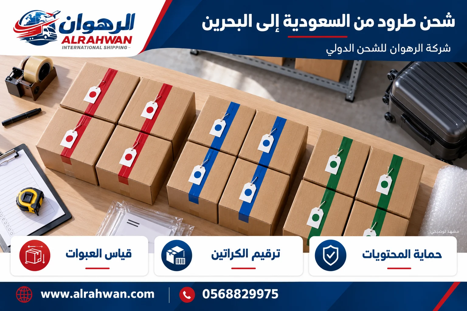 كراتين صغيرة بملصقات ملونة وأرقام تعريف بجوار حقيبة وشريط قياس من أعلى