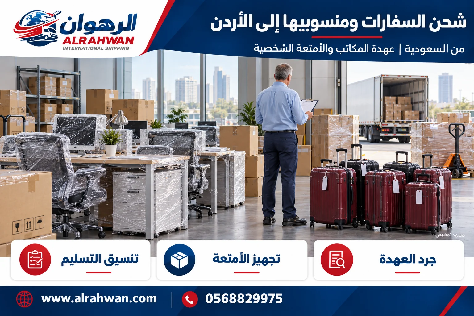 تجهيز أثاث مكاتب وأمتعة لنقل العهدة والمنقولات من السعودية إلى الأردن بتصميم الرهوان