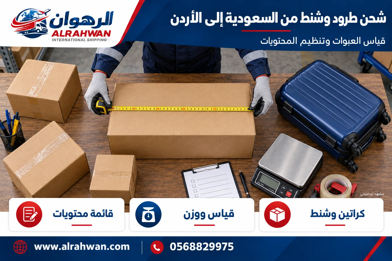تجهيز وقياس طرود وشنط وكراتين من السعودية إلى الأردن بتصميم الرهوان