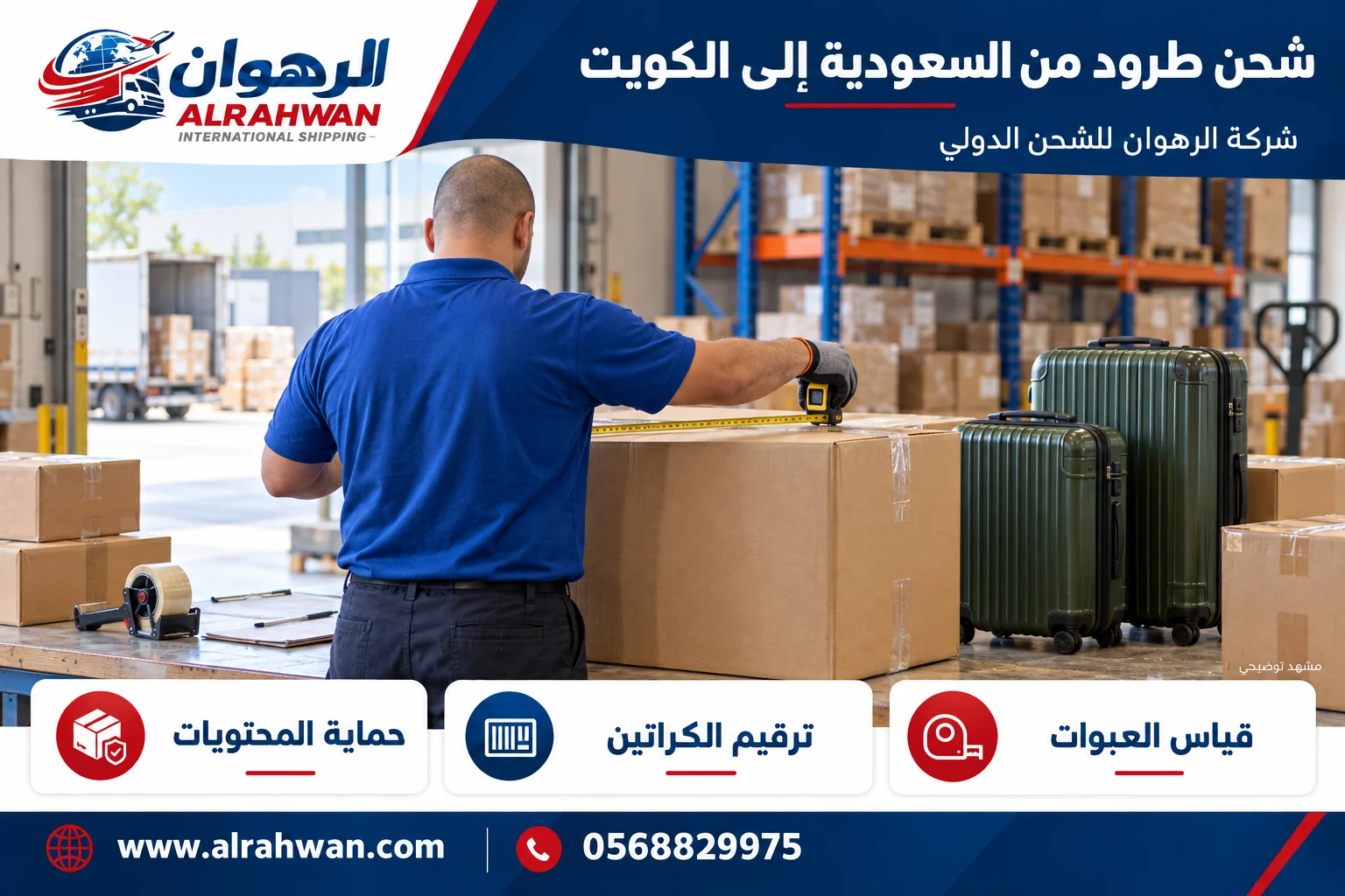 عامل من الخلف يقيس كرتونًا بجوار حقائب خضراء وصناديق داخل مستودع