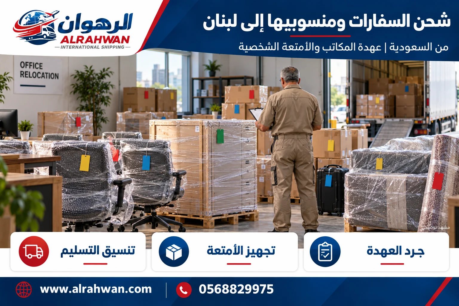 تجهيز أثاث مكاتب وأمتعة لنقل العهدة والمنقولات من السعودية إلى لبنان بتصميم الرهوان