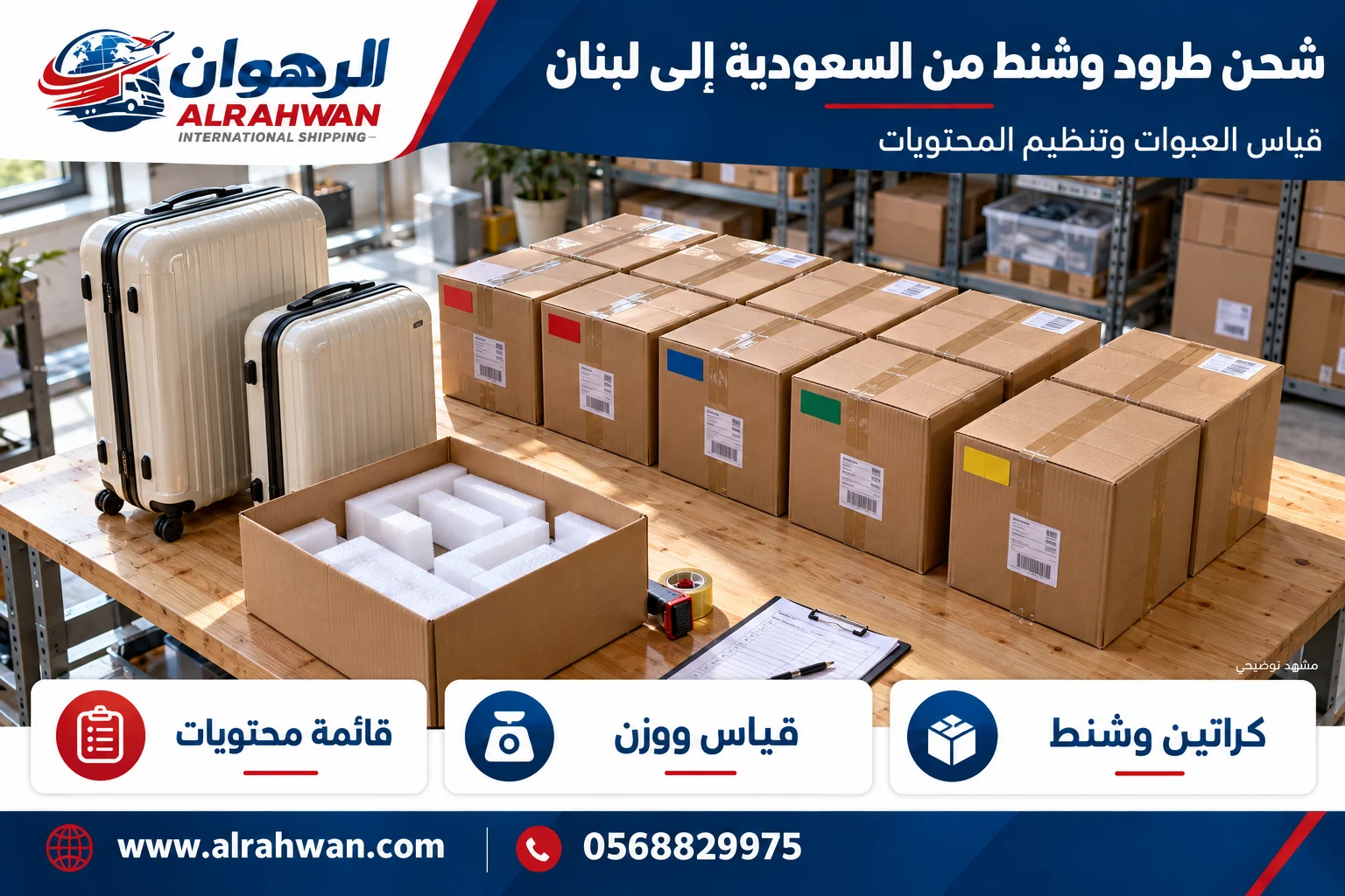 تجهيز وقياس طرود وشنط وكراتين من السعودية إلى لبنان بتصميم الرهوان