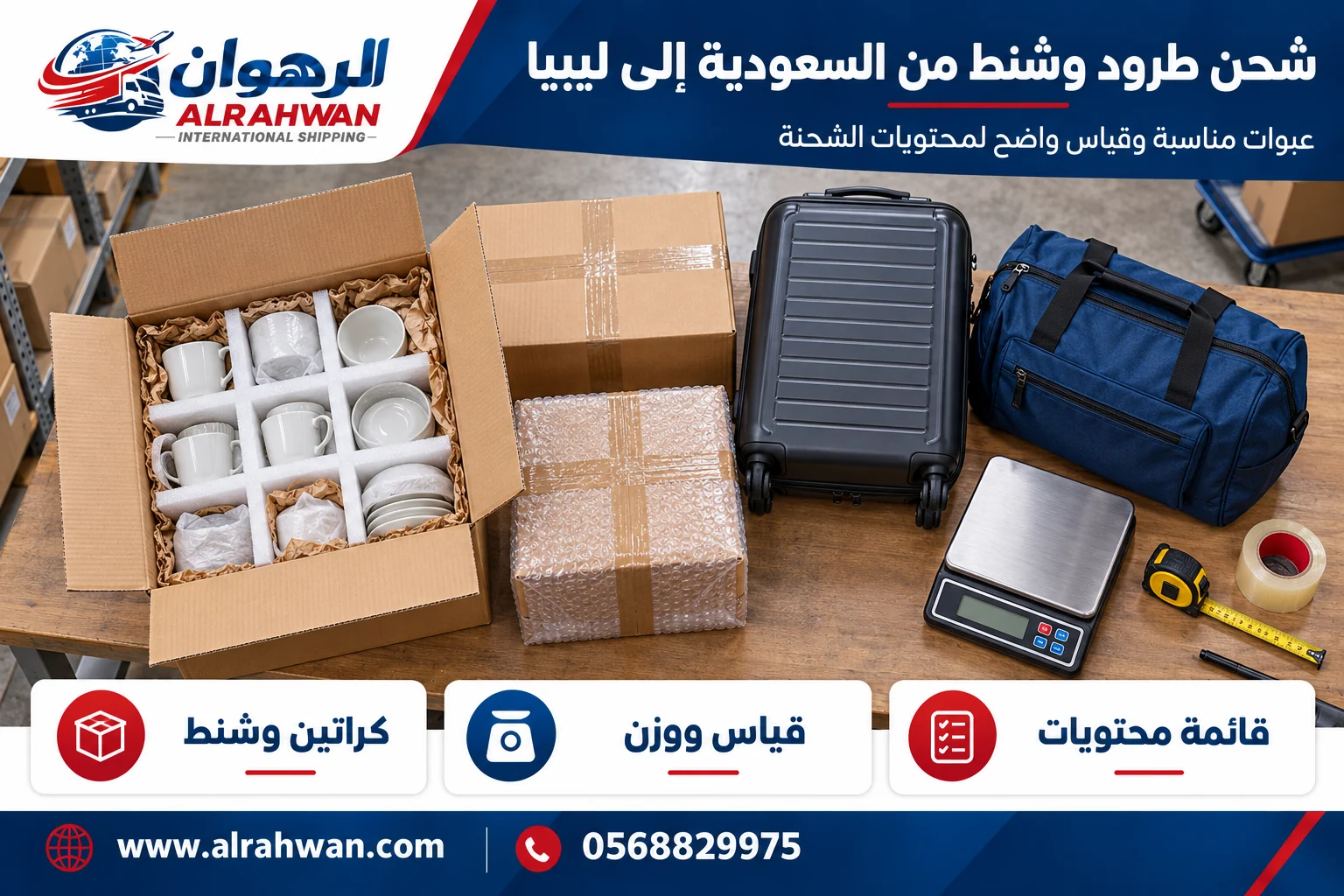 طرود وشنط وكراتين مجهزة للشحن من السعودية إلى ليبيا