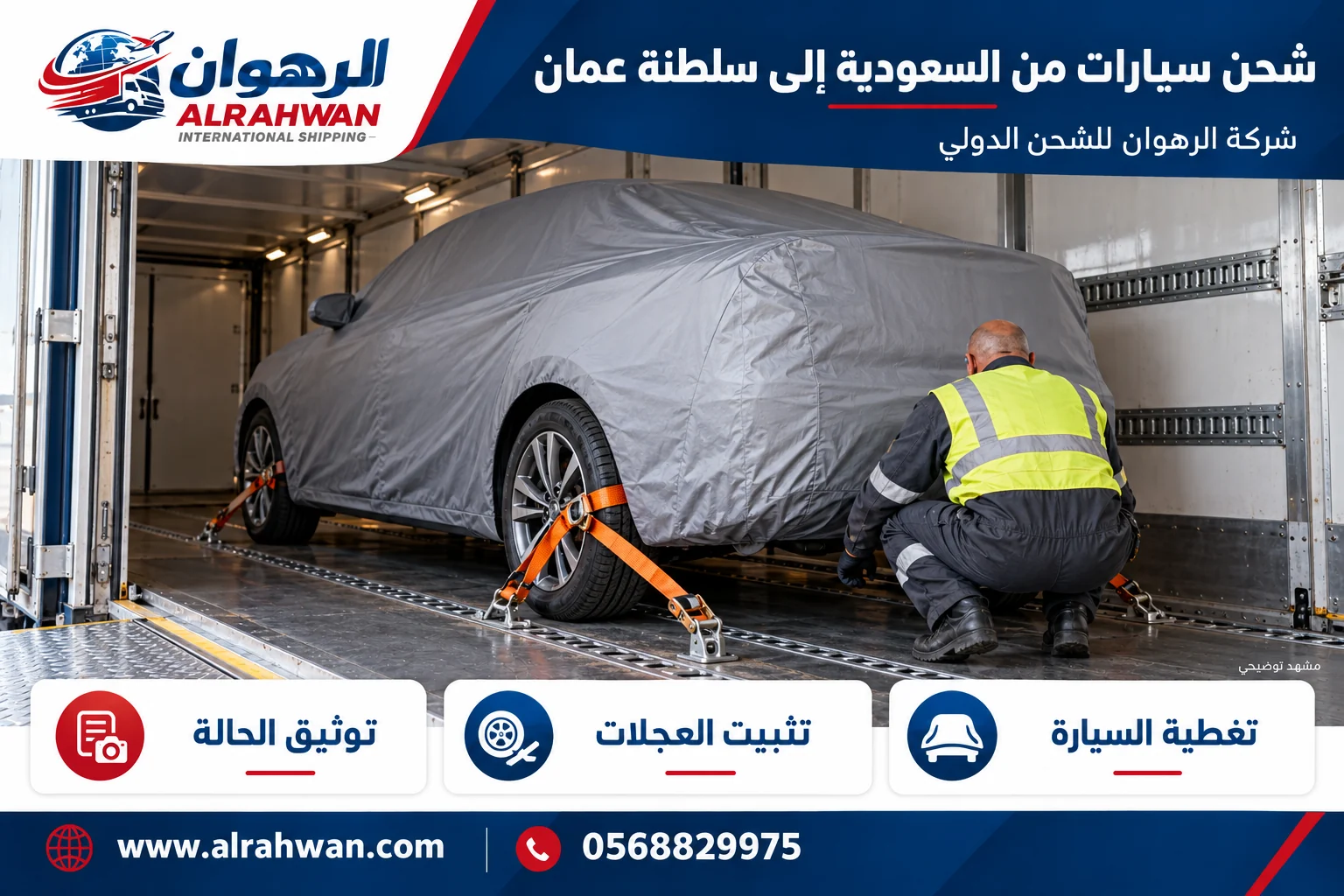 عامل من الخلف يراجع تثبيت عجلة سيارة مغطاة داخل ناقلة مغلقة
