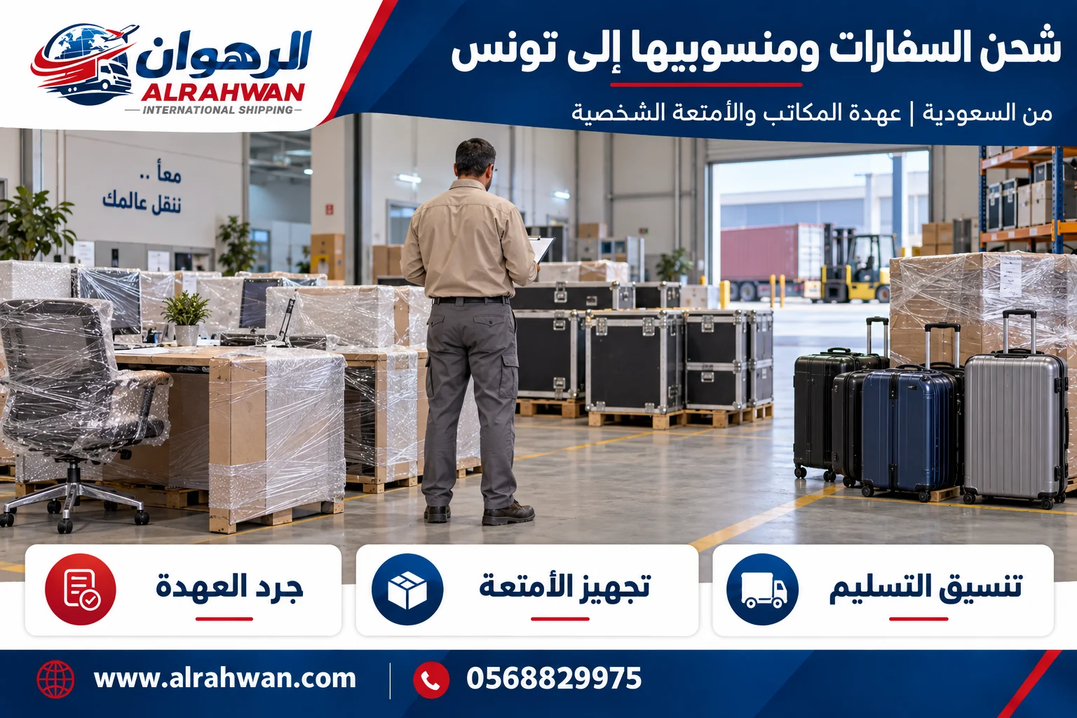تجهيز عهدة مكاتب وأغراض منسوبي السفارات للشحن من السعودية إلى تونس
