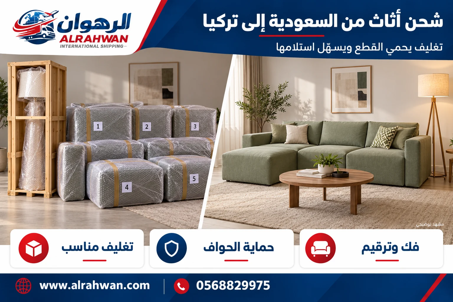 مقارنة تجهيز الأثاث قبل التغليف وأثناء حمايته للنقل من السعودية إلى تركيا بتصميم الرهوان