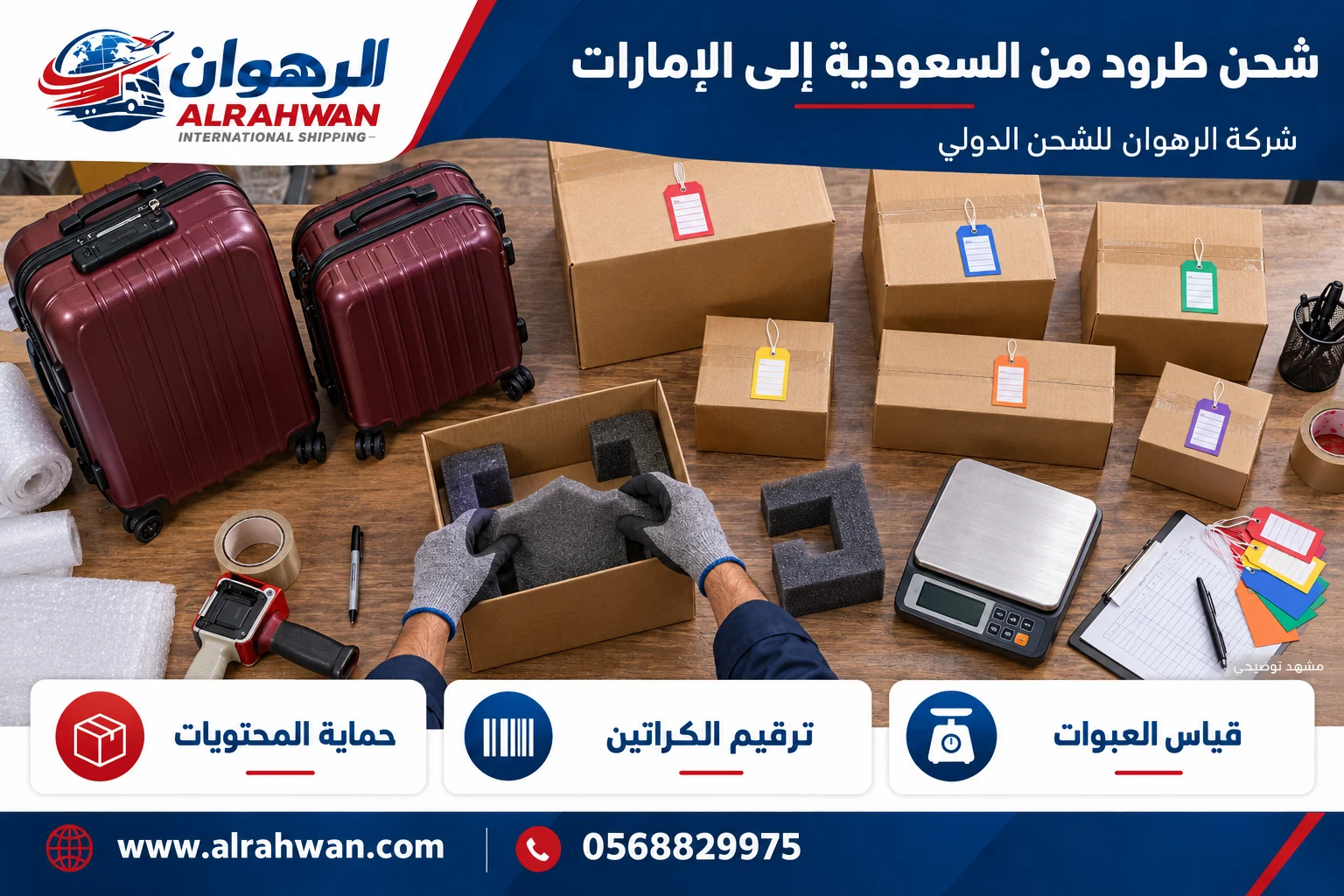 يدان بقفازين تجهزان عبوة مبطنة بجوار كراتين وحقائب وميزان من منظور علوي