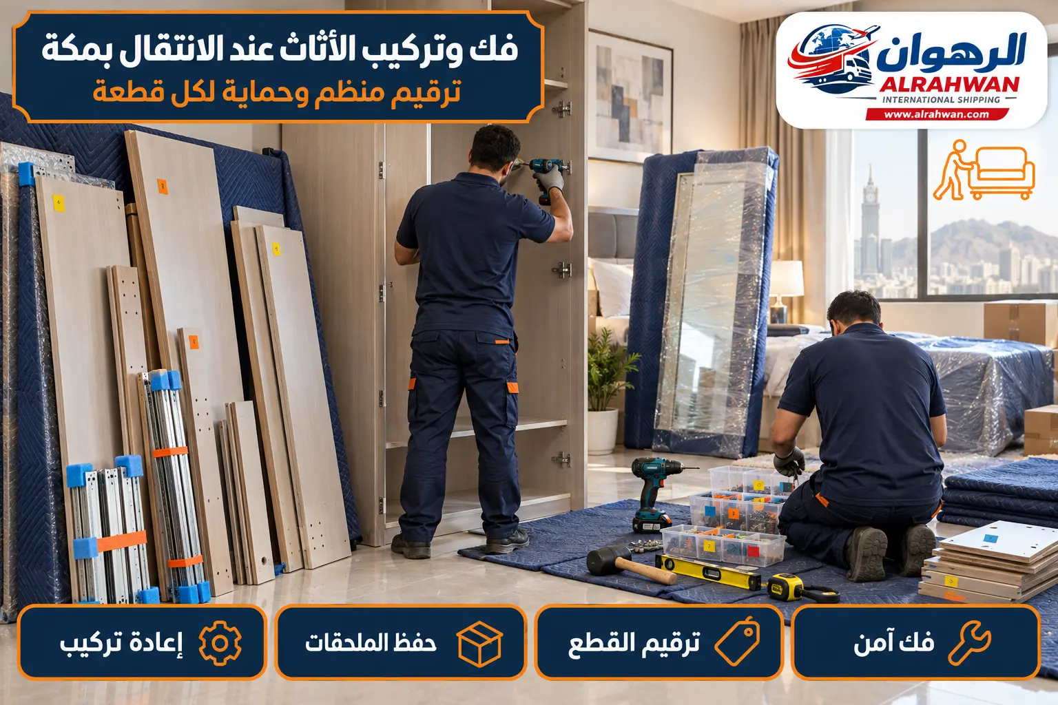 فك وتركيب الأثاث عند الانتقال داخل مكة نجار يفك ويركب الأثاث عند الانتقال داخل مكة مع ترقيم القطع وحفظ الملحقات