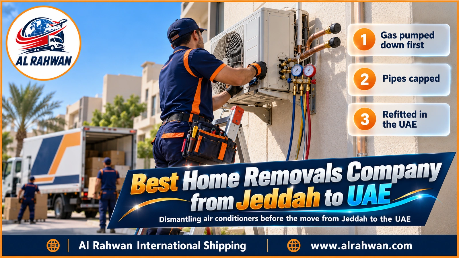 A technician removing a split AC unit in a Jeddah apartment after recovering the gas, before the home removal to the UAE