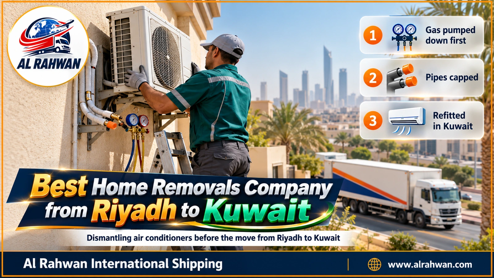 Best home removals company from Riyadh to Kuwait - a technician removing a split AC unit before the move