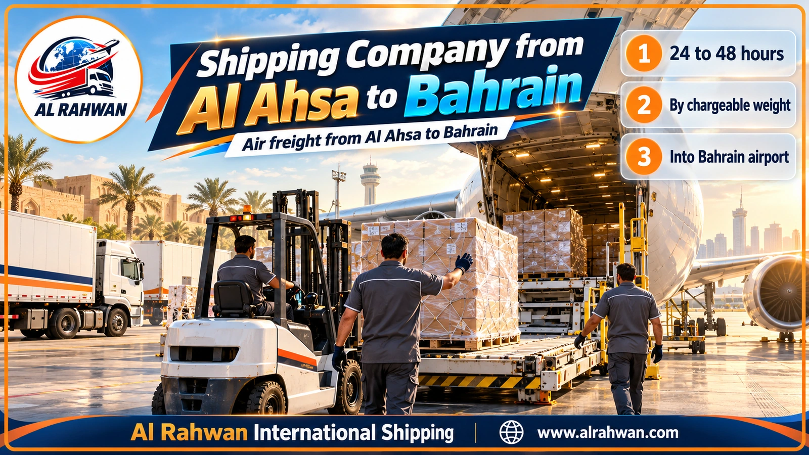 Shipping company from Al Ahsa to Bahrain - a forklift carrying a pallet of shrink-wrapped cartons towards an aircraft container in a bright air cargo warehouse