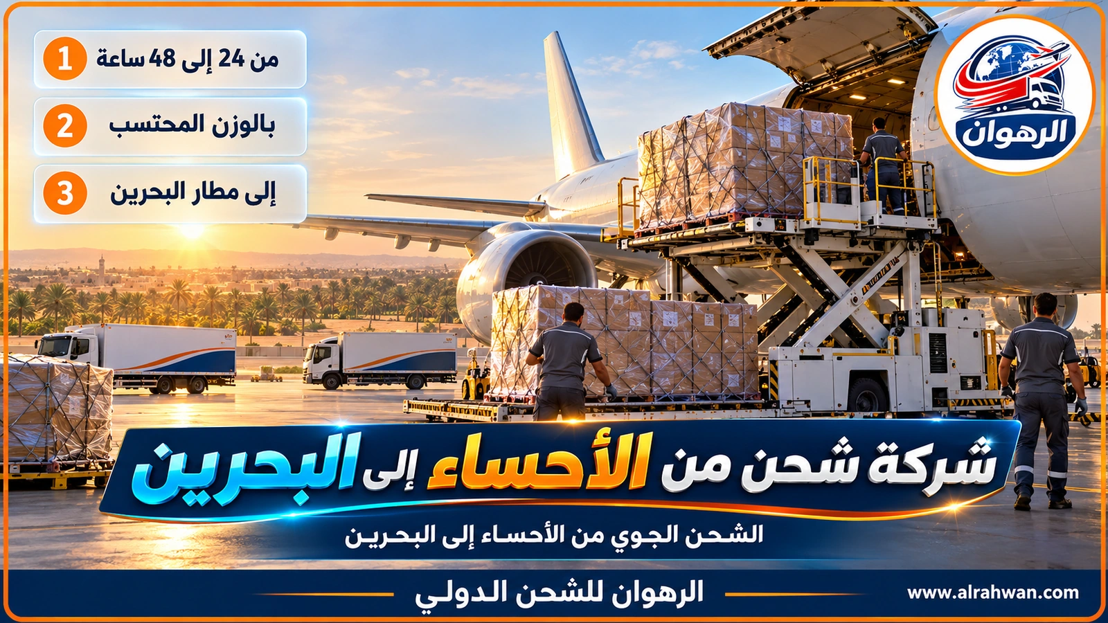 شركة شحن من الأحساء إلى البحرين - رافعة شوكية تنقل بالتاً من الكراتين المغلفة نحو حاوية طائرة داخل مستودع شحن جوي مضيء