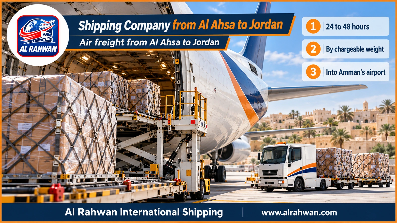 Shipping Company from Al Ahsa to Jordan - wrapped urgent parcels being loaded into a cargo aircraft on an airport apron bound for Jordan