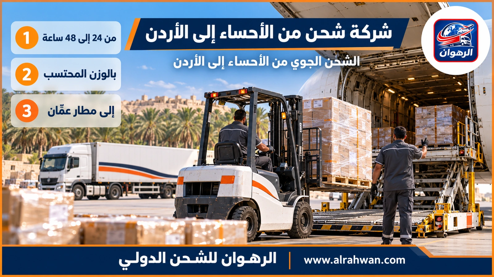 شركة شحن من الأحساء إلى الأردن - طرود عاجلة مغلفة تُحمَّل في طائرة شحن على أرض مطار متجهة إلى الأردن