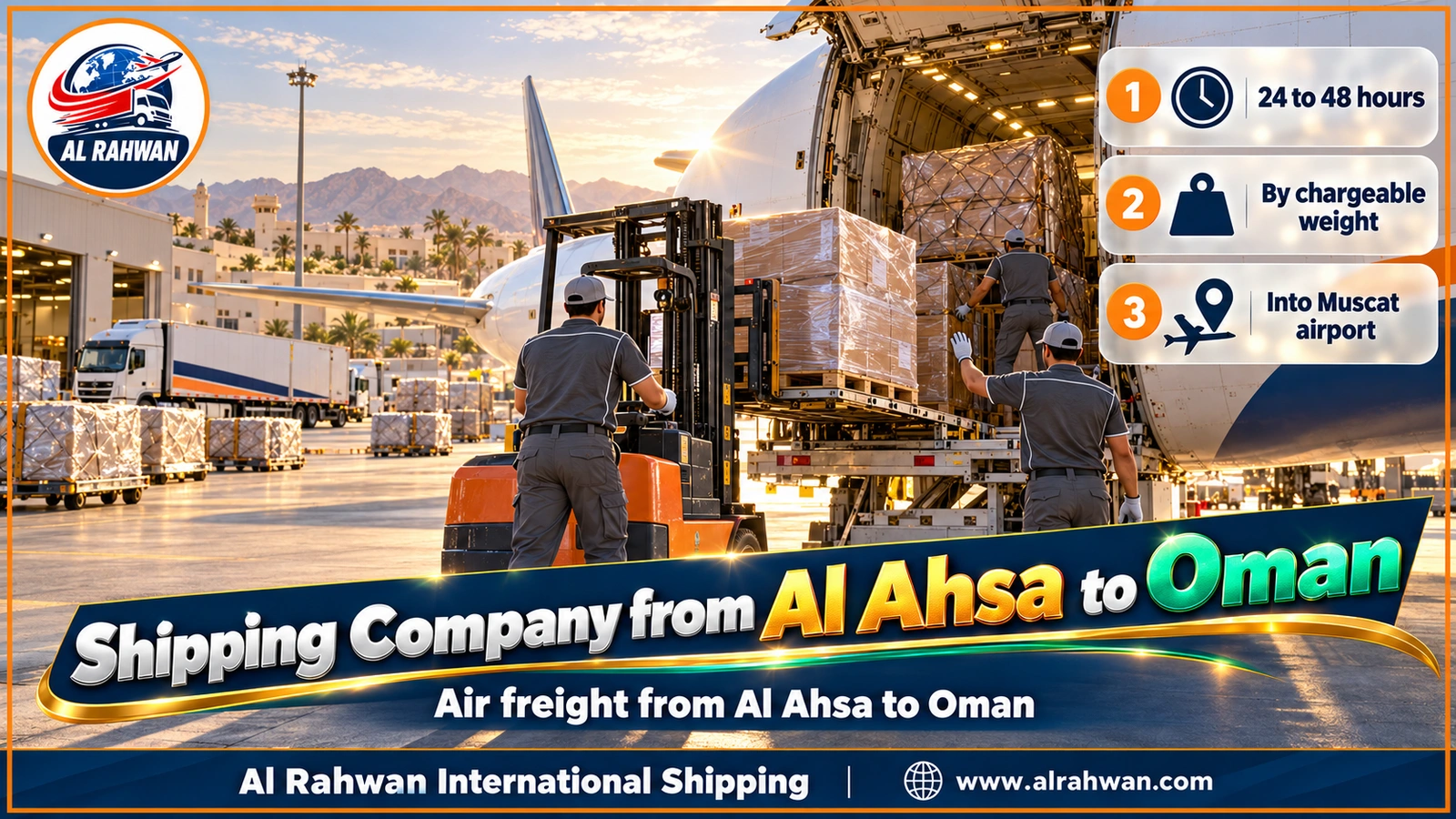 Shipping Company from Al Ahsa to Oman - urgent wrapped air parcels stacked on a platform beside a cargo aircraft at an Eastern Province airport bound for Oman