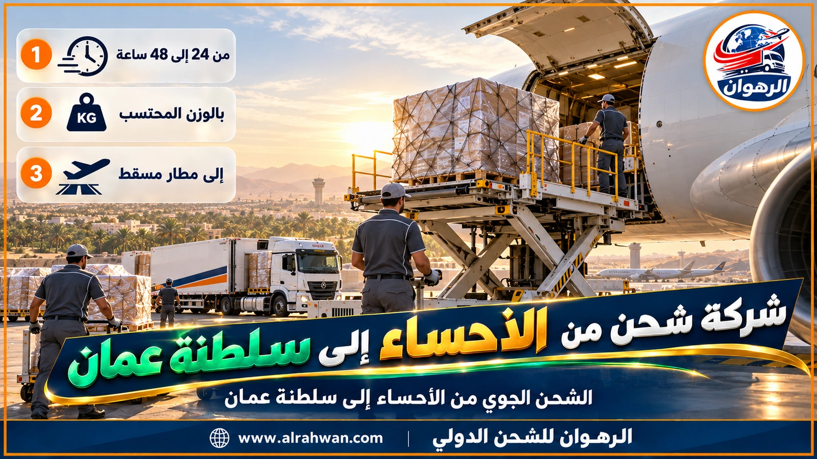 شركة شحن من الأحساء إلى سلطنة عمان - طرود جوية عاجلة مغلفة تُرص على منصة بجوار طائرة شحن في مطار بالمنطقة الشرقية متجهة إلى سلطنة عمان