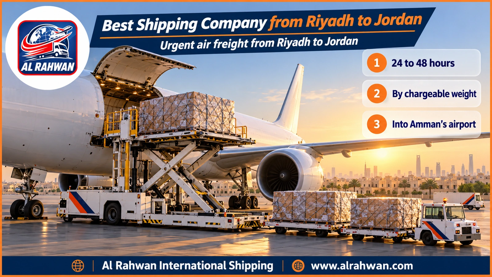 Best Shipping Company from Riyadh to Jordan - urgent wrapped parcels being lifted into the hold of a cargo plane on the apron at King Khalid Airport in Riyadh, bound for Amman