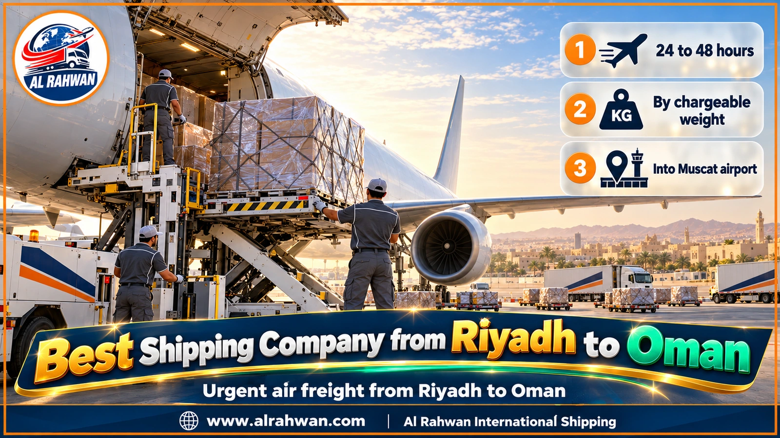 Best Shipping Company from Riyadh to Oman - urgent wrapped parcels being lifted into the hold of a cargo plane on the apron at King Khalid Airport in Riyadh, bound for Muscat