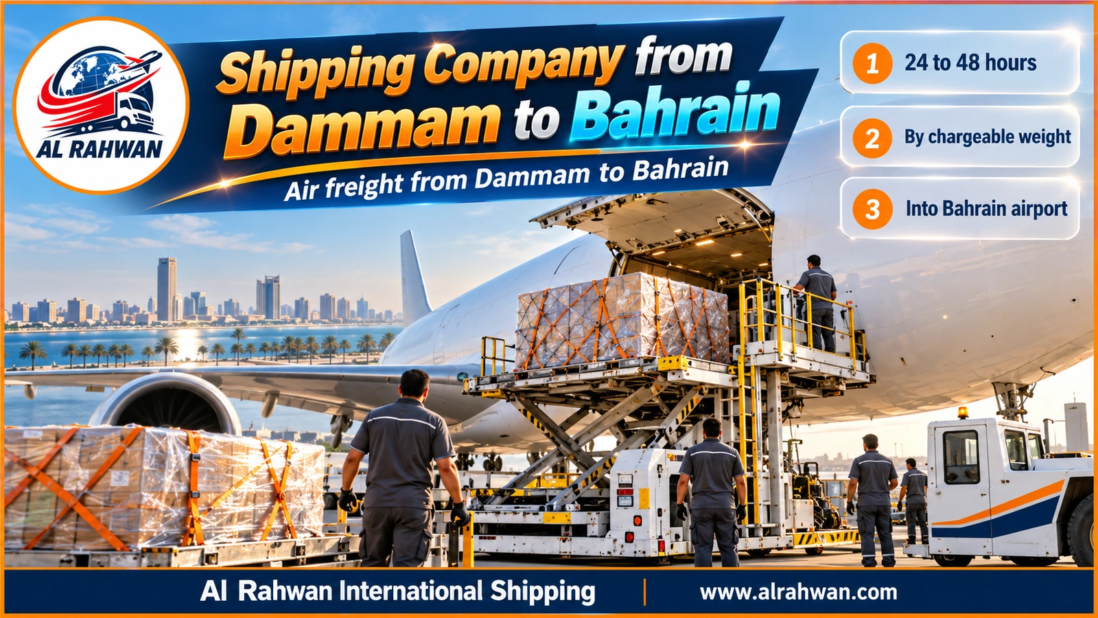 Shipping company from Dammam to Bahrain - an aluminium pallet of shrink-wrapped cartons raised to the door of an unmarked cargo aircraft on the apron